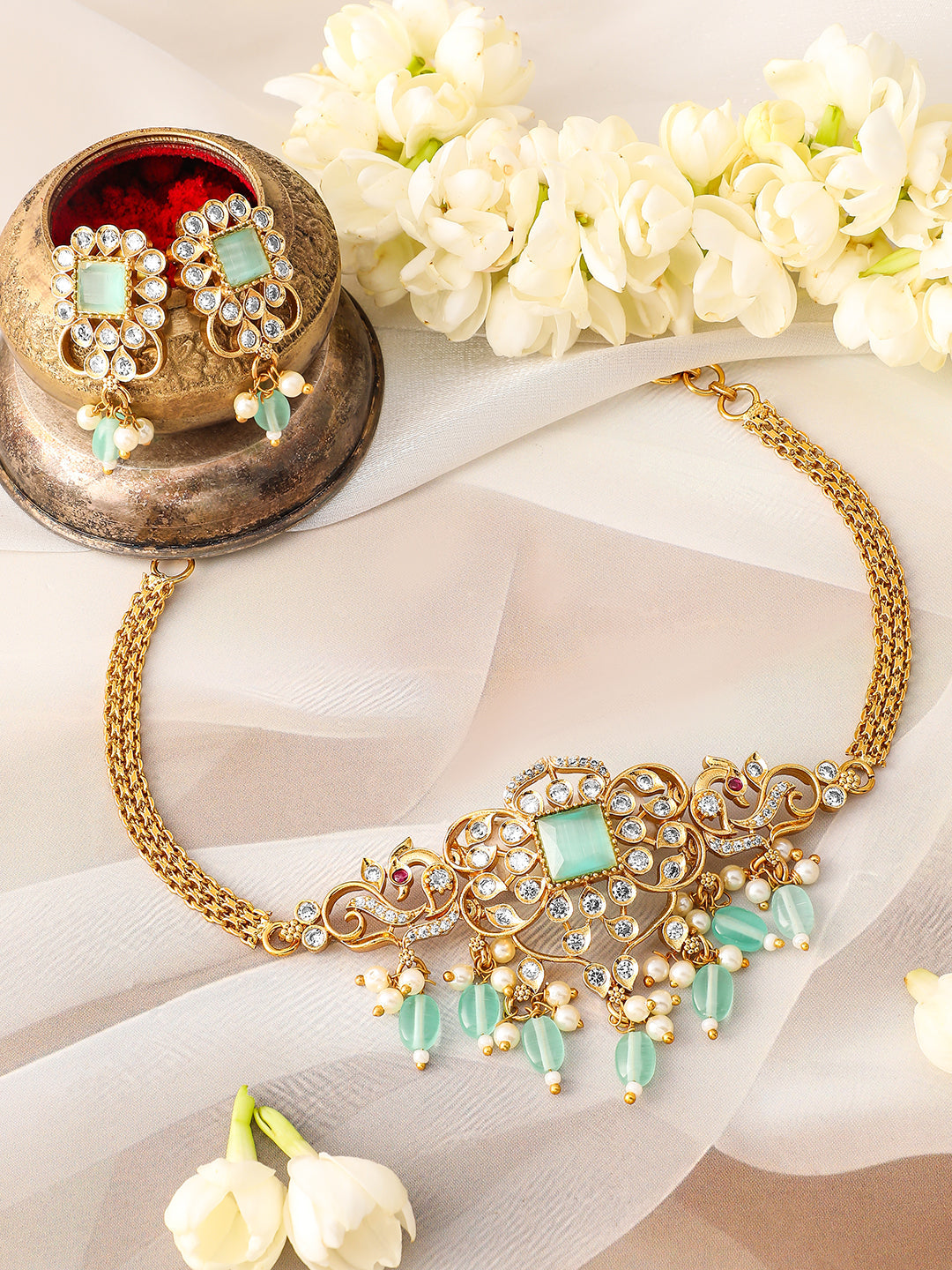American Diamond Zirconia Green Beads Necklace Set フリーサイズ