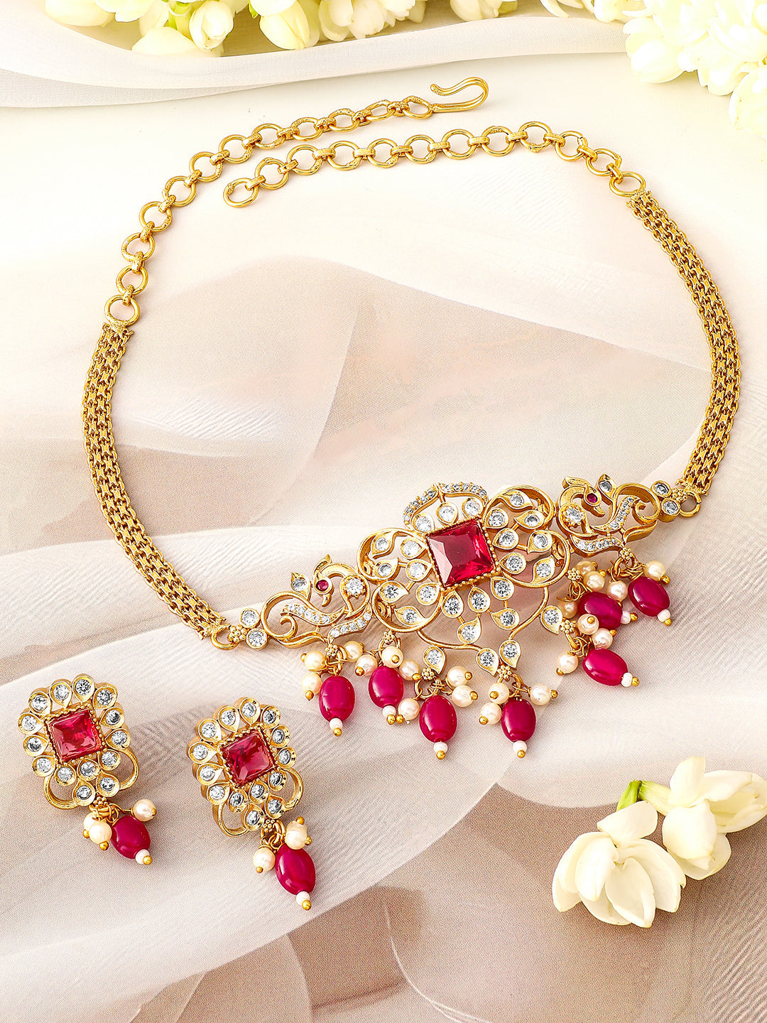 Red & White American Diamond Zirconia Necklace Set フリーサイズ