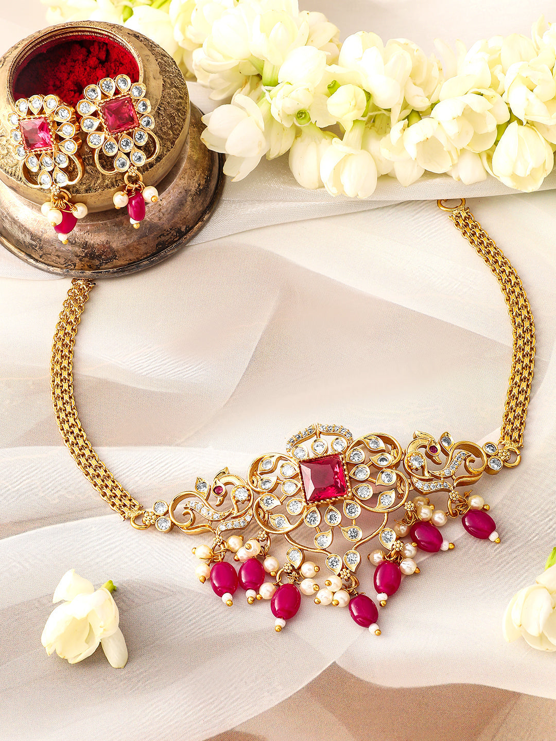 Red & White American Diamond Zirconia Necklace Set フリーサイズ
