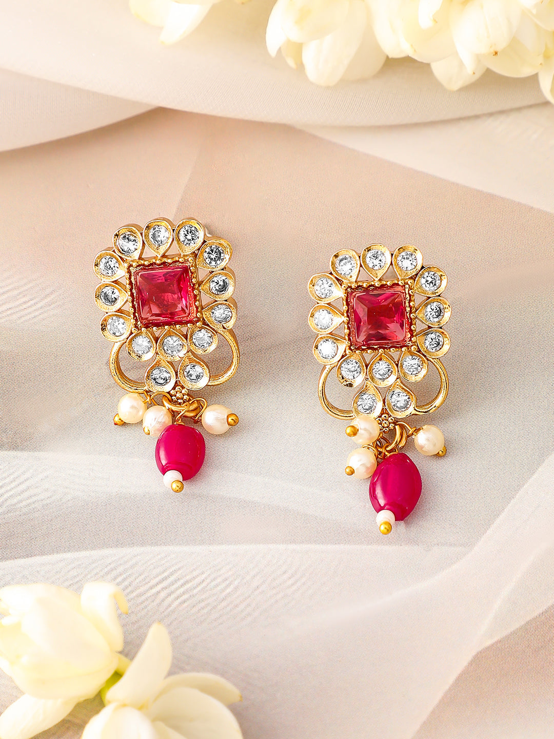 Red & White American Diamond Zirconia Necklace Set フリーサイズ