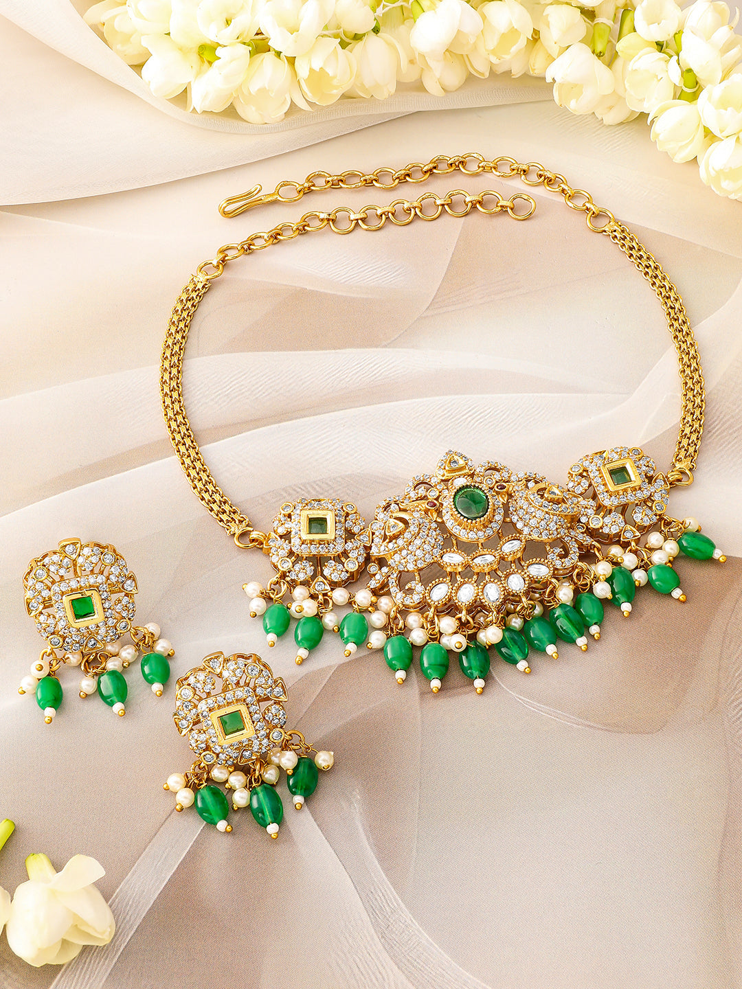 Green Beaded American Diamond Zirconia Necklace Set フリーサイズ