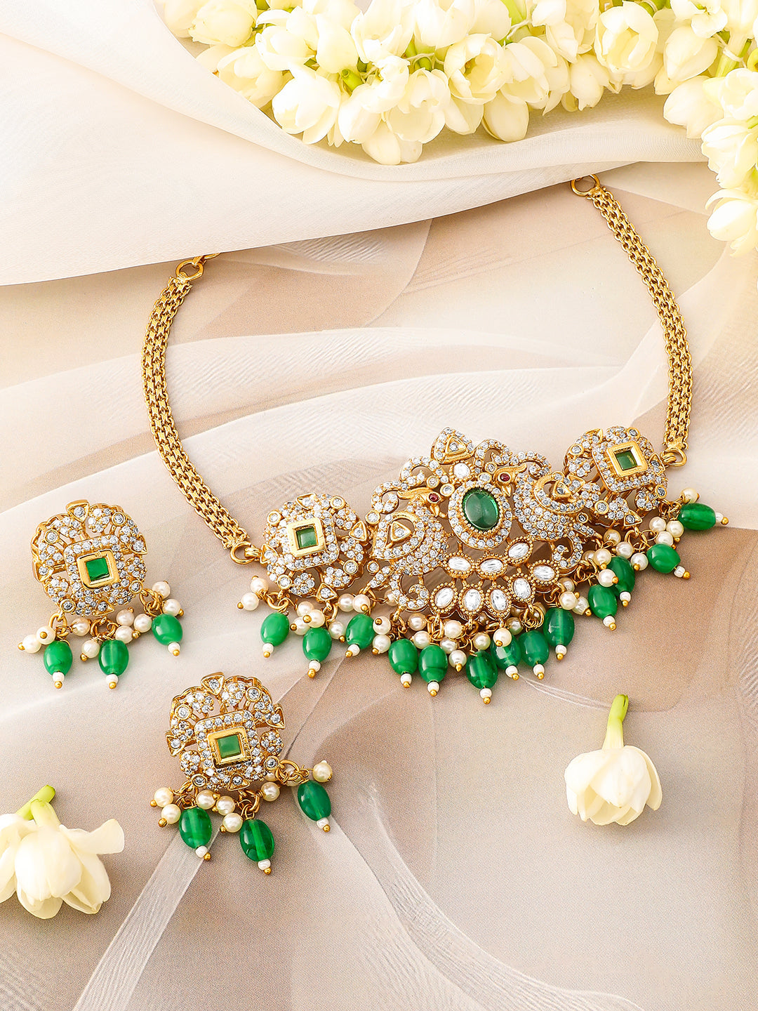 Green Beaded American Diamond Zirconia Necklace Set フリーサイズ