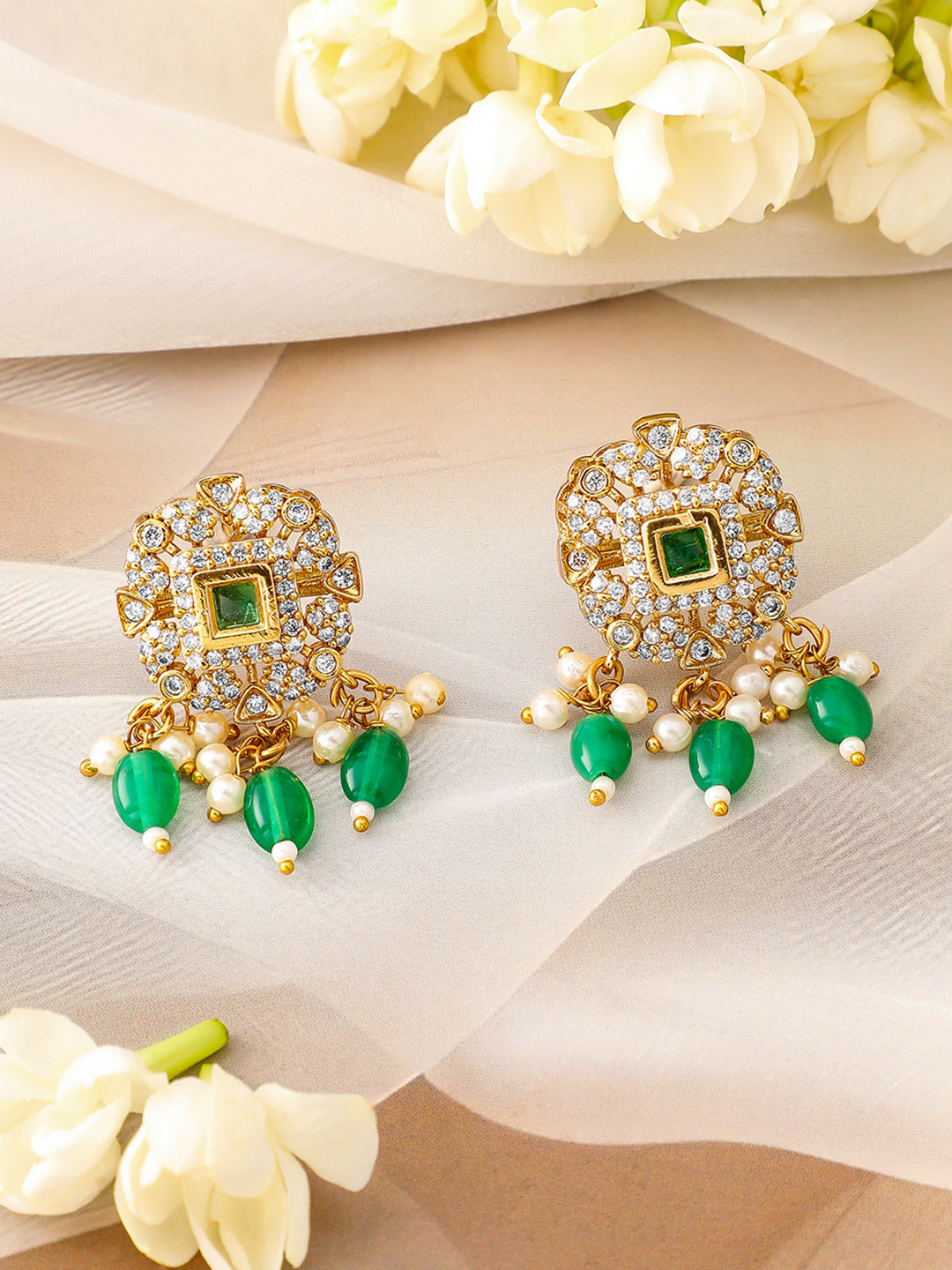 Green Beaded American Diamond Zirconia Necklace Set フリーサイズ