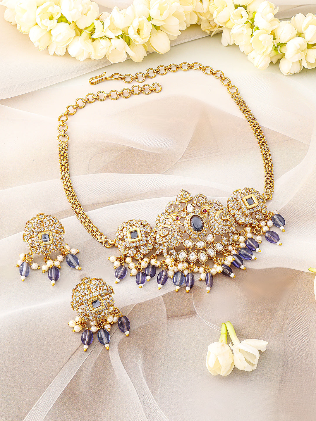 American Diamond Zirconia Blue Beaded Necklace Set フリーサイズ
