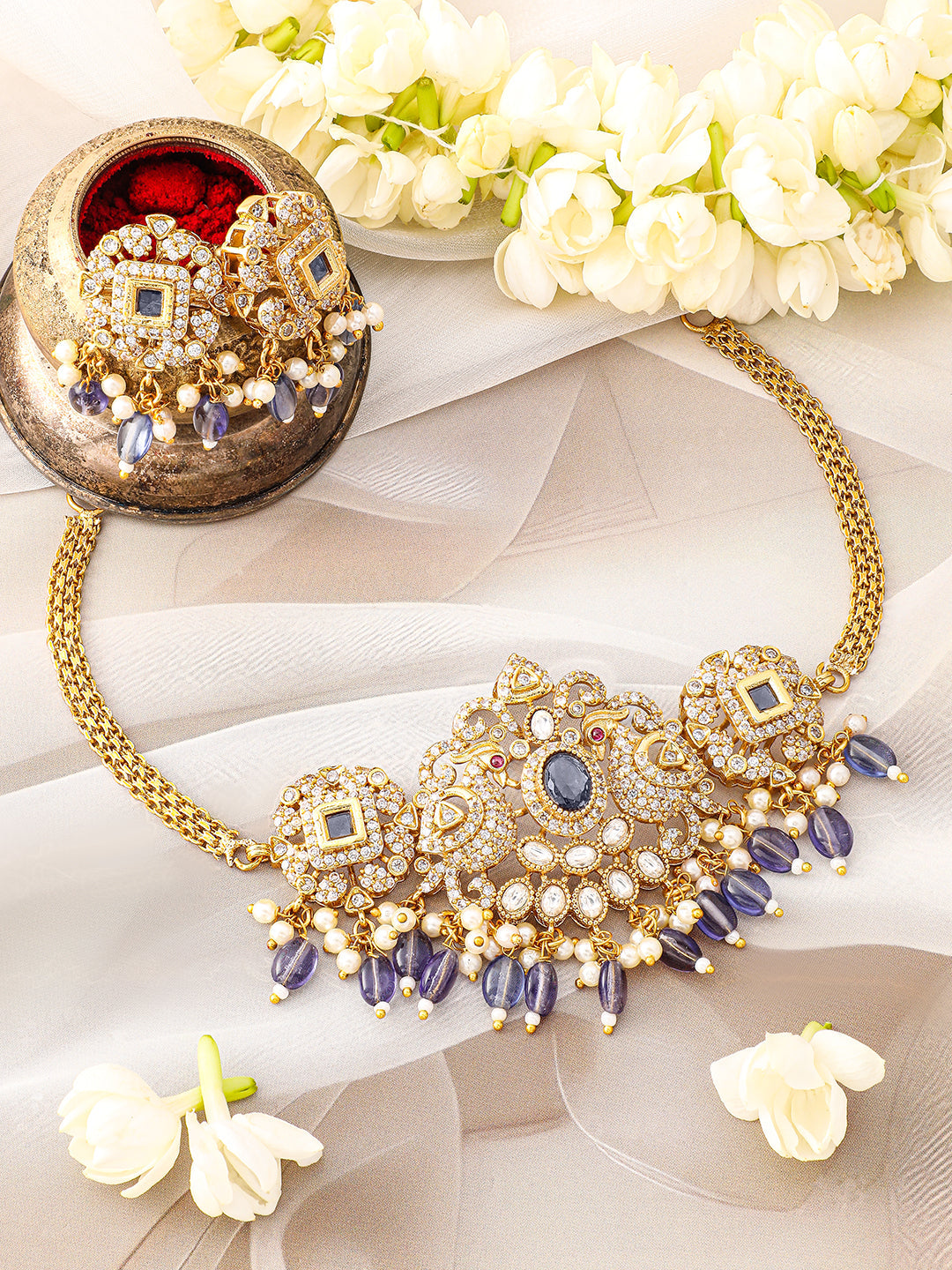 American Diamond Zirconia Blue Beaded Necklace Set フリーサイズ