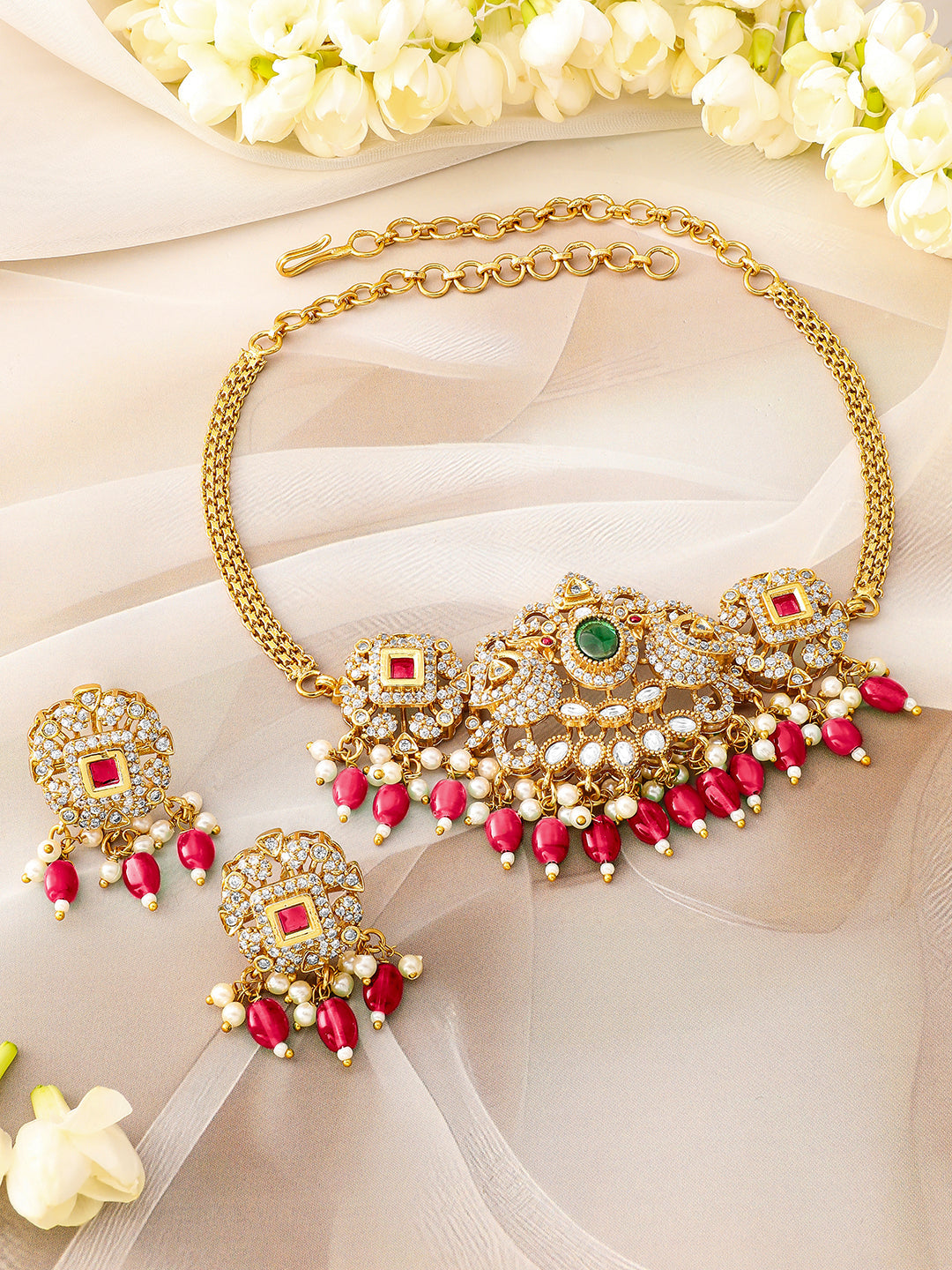 American Diamond Zirconia Red Beads Necklace Set フリーサイズ