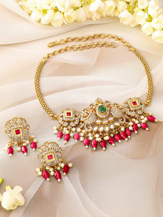 American Diamond Zirconia Red Beads Necklace Set フリーサイズ