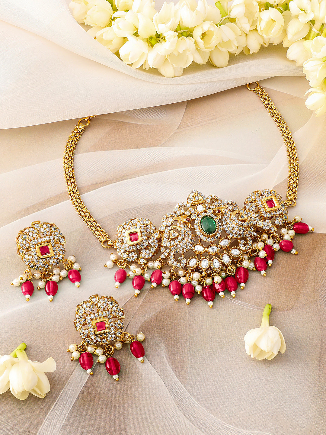 American Diamond Zirconia Red Beads Necklace Set フリーサイズ