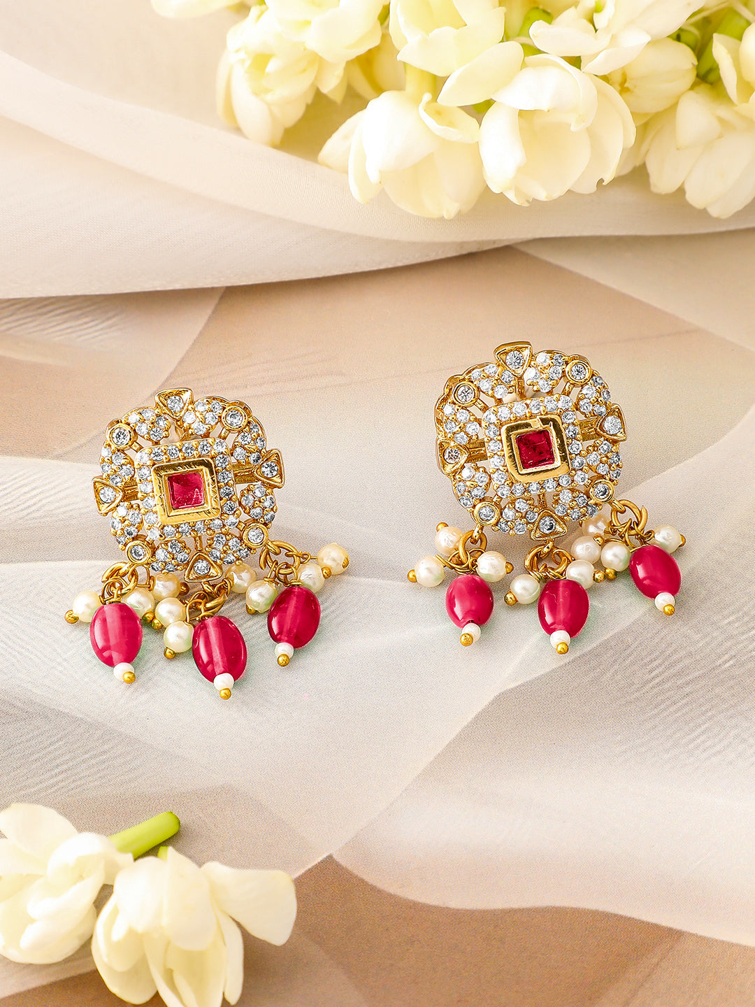 American Diamond Zirconia Red Beads Necklace Set フリーサイズ