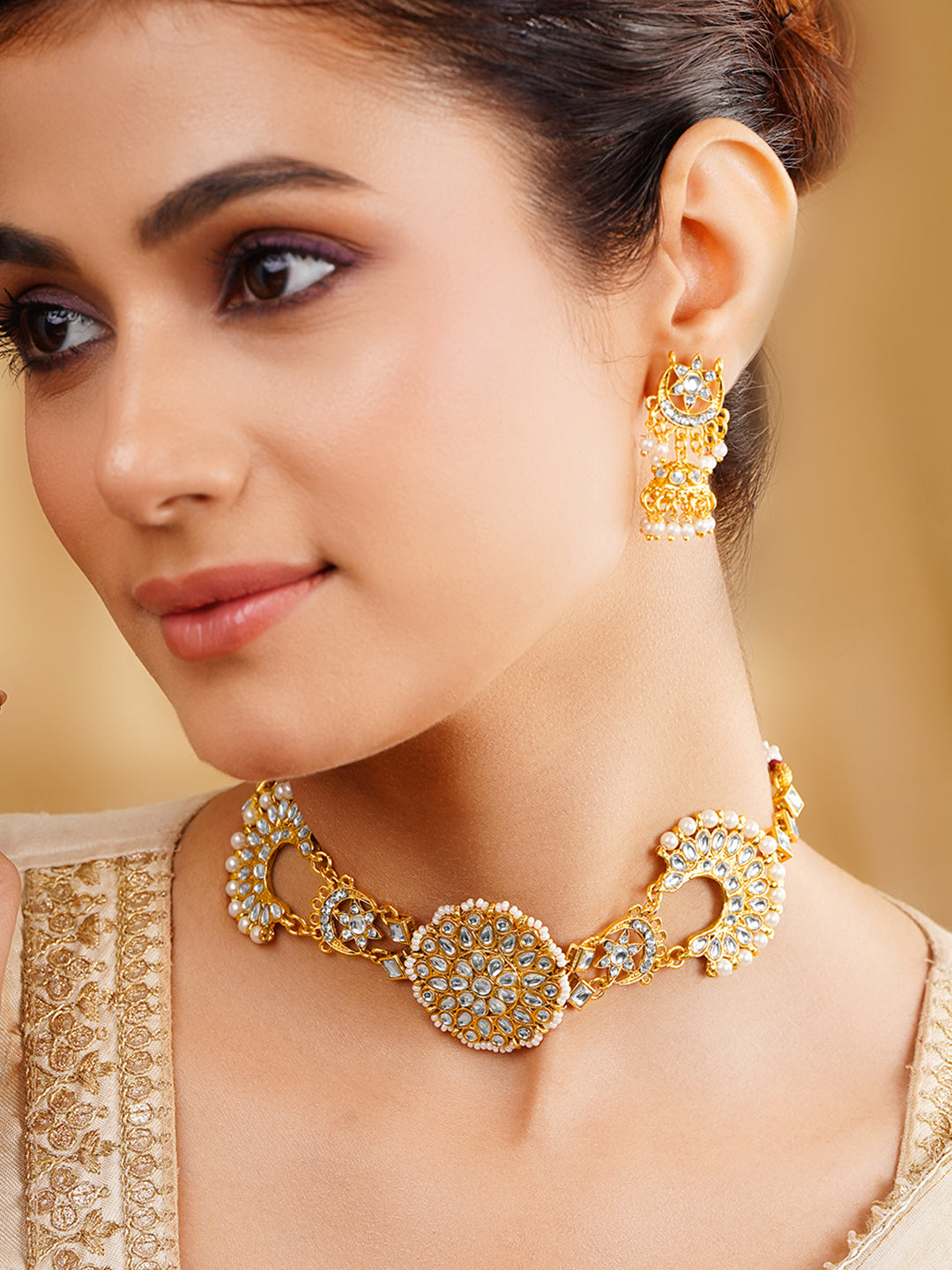 Kundan Pearl Crescent Floral Choker Set フリーサイズ