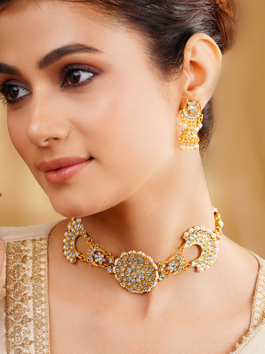 Kundan Pearl Crescent Floral Choker Set フリーサイズ