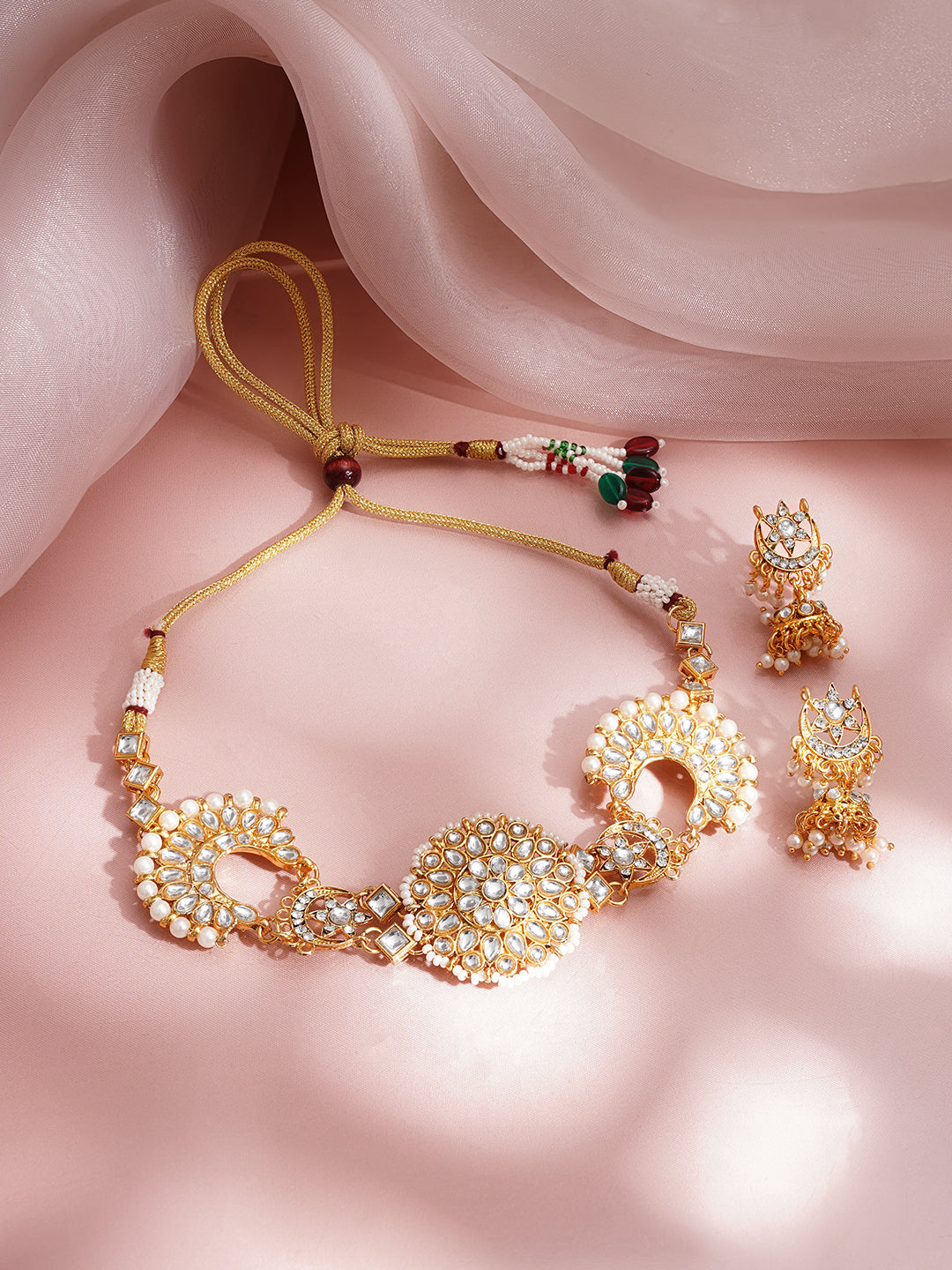 Kundan Pearl Crescent Floral Choker Set フリーサイズ