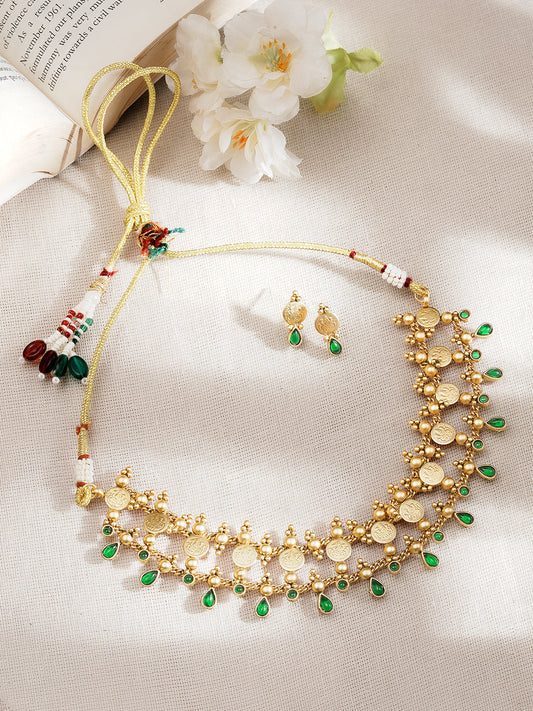 Gold Plated Green Drop Choker Necklace Set フリーサイズ