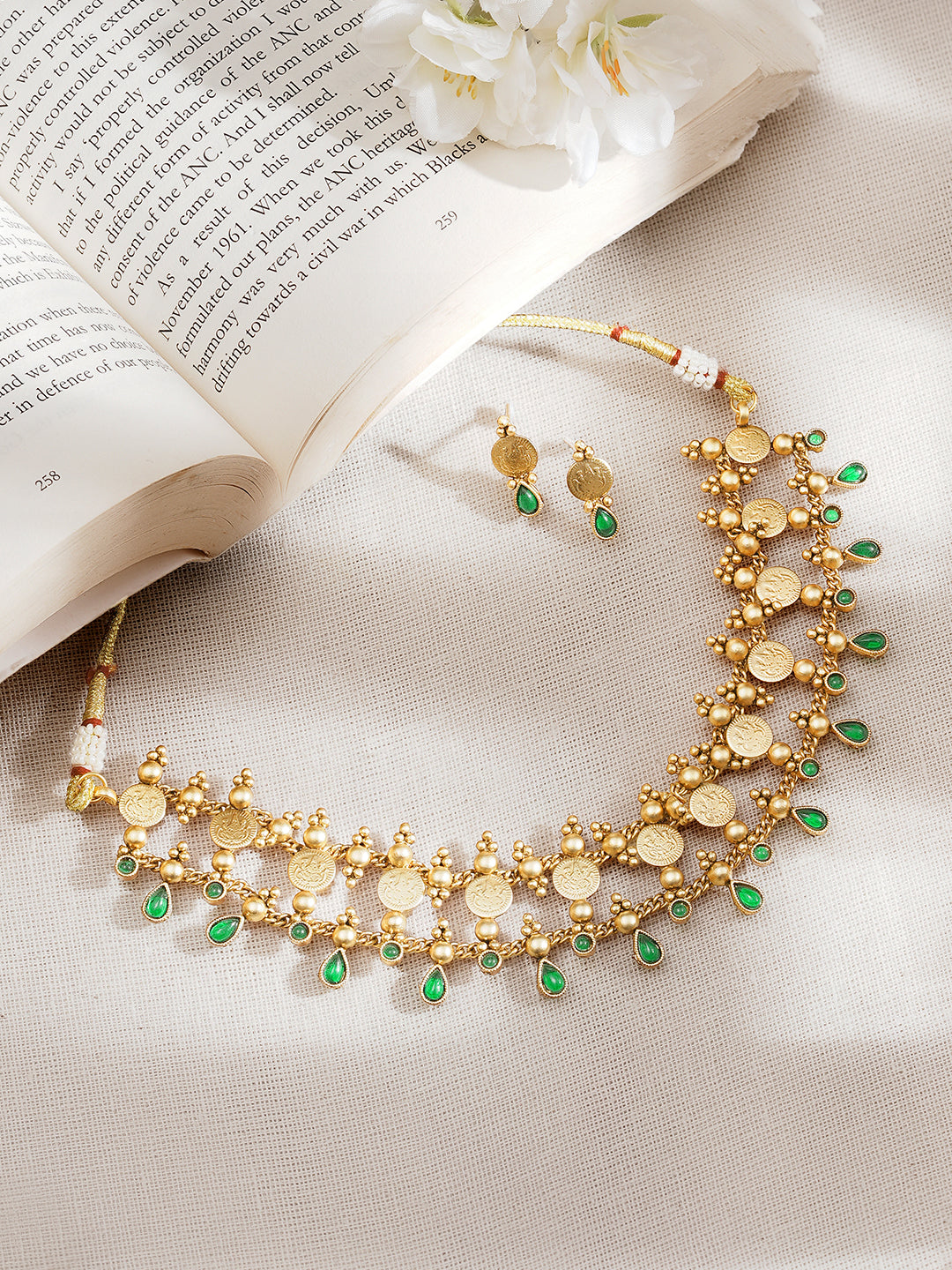 Gold Plated Green Drop Choker Necklace Set フリーサイズ