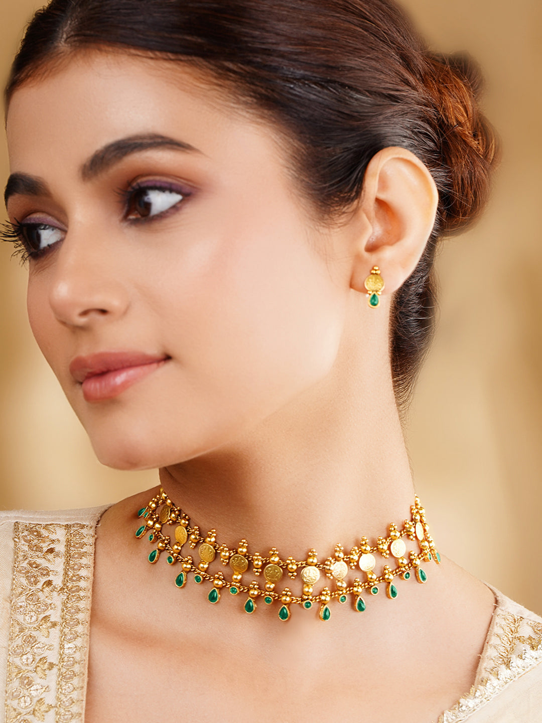 Gold Plated Green Drop Choker Necklace Set フリーサイズ