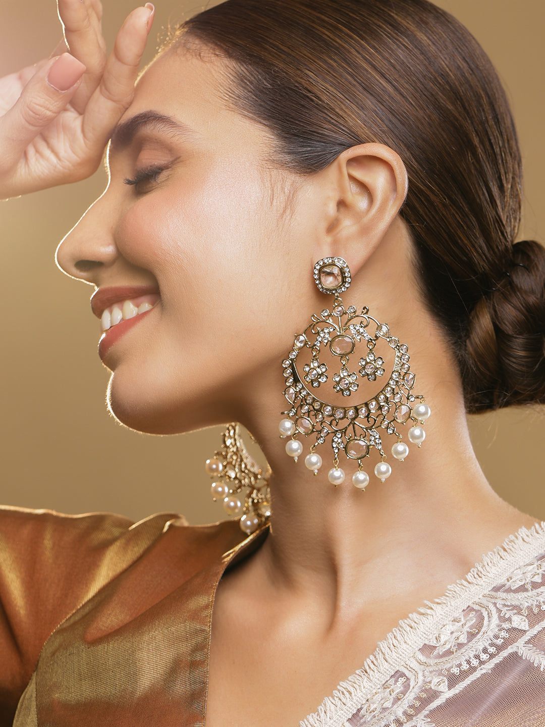 Graceful Grey Kundan Chandbali Gold