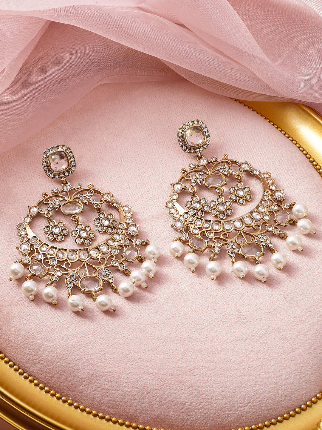 Graceful Grey Kundan Chandbali Gold