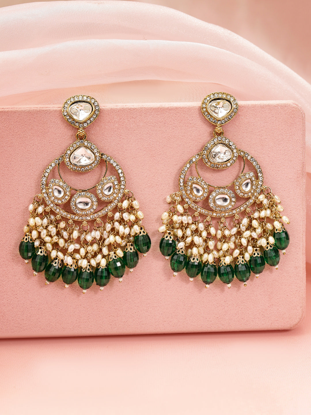 Ethnic Glow Green White Kundan Chandbali フリーサイズ