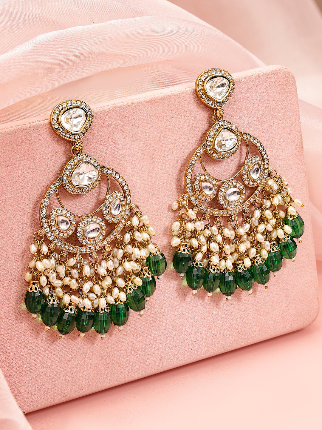 Ethnic Glow Green White Kundan Chandbali フリーサイズ
