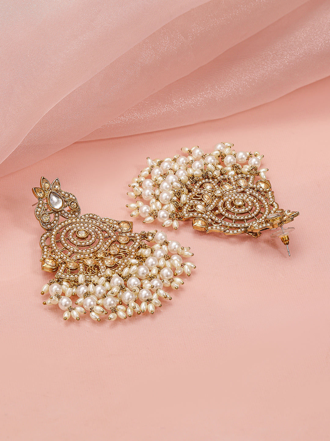 Lustrous Crystal with Pearl Drops Chandbali フリーサイズ
