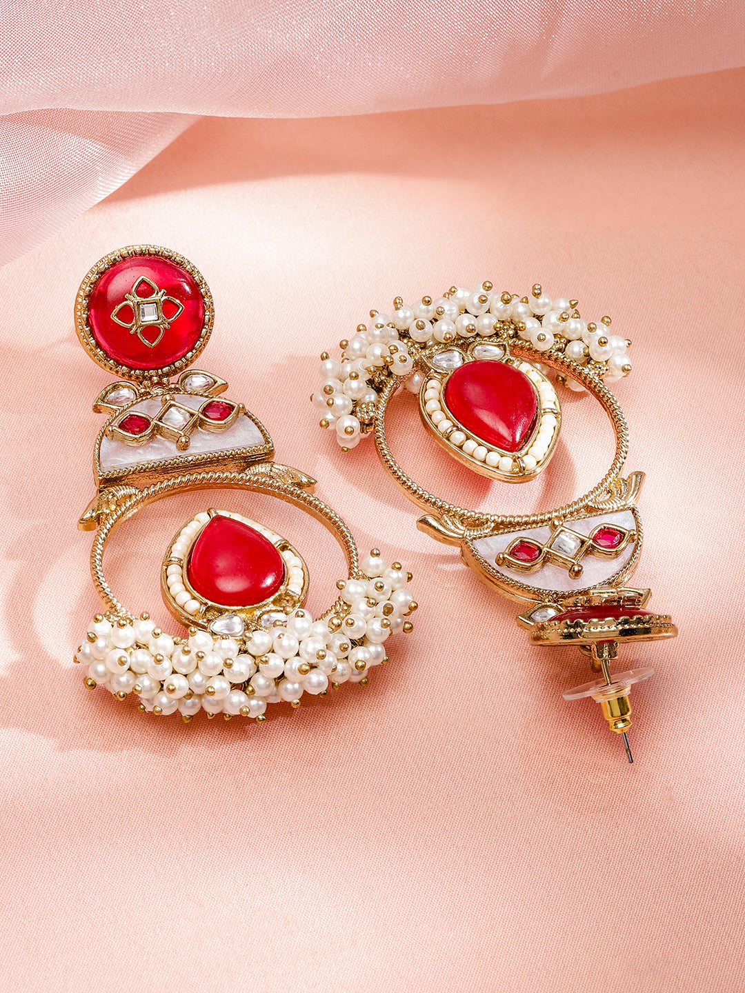 Gold Pearl Beaded Ruby Red Dangler Earrings フリーサイズ