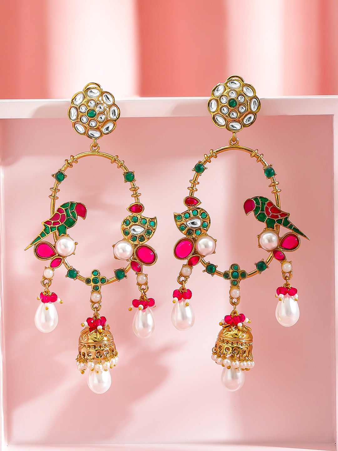 Pink & Green Bird Charm Danglers フリーサイズ
