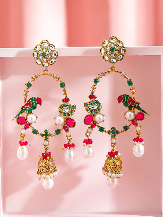 Pink & Green Bird Charm Danglers フリーサイズ
