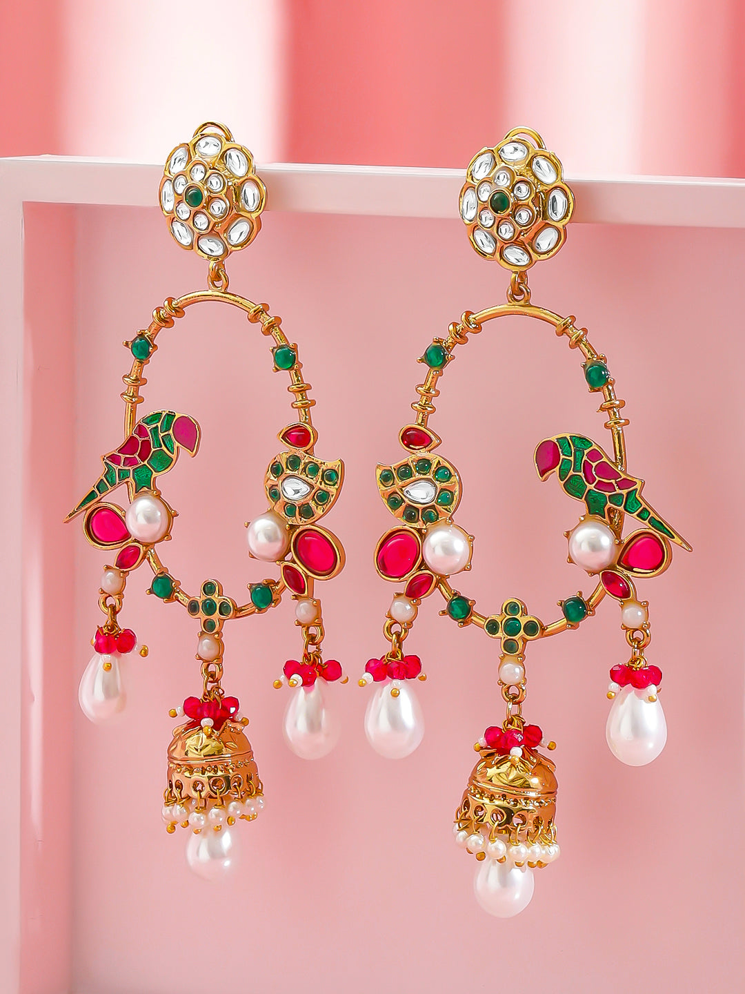 Pink & Green Bird Charm Danglers フリーサイズ
