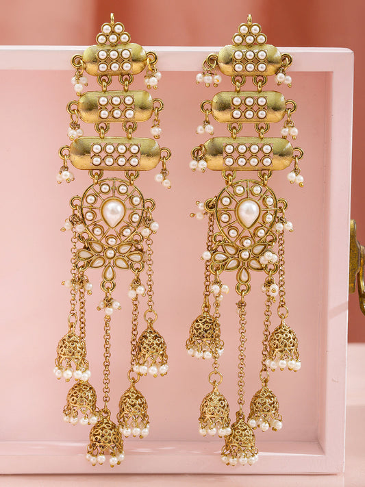 Rubans 18K Mehndi Gold-Plated White Pearl Studded Layered Shoulder Duster Jhumka Earrings フリーサイズ
