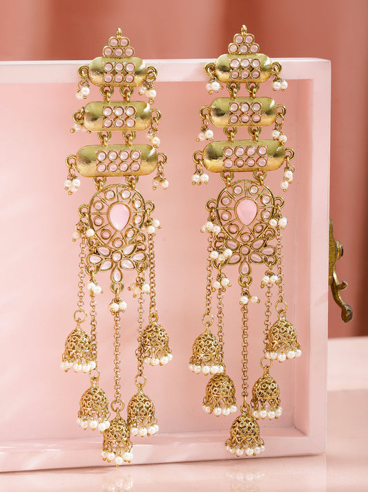 Rubans 18K Mehndi Gold-Plated Pastel Pink Stone & White Pearl Layer Shoulder Duster Jhumka フリーサイズ