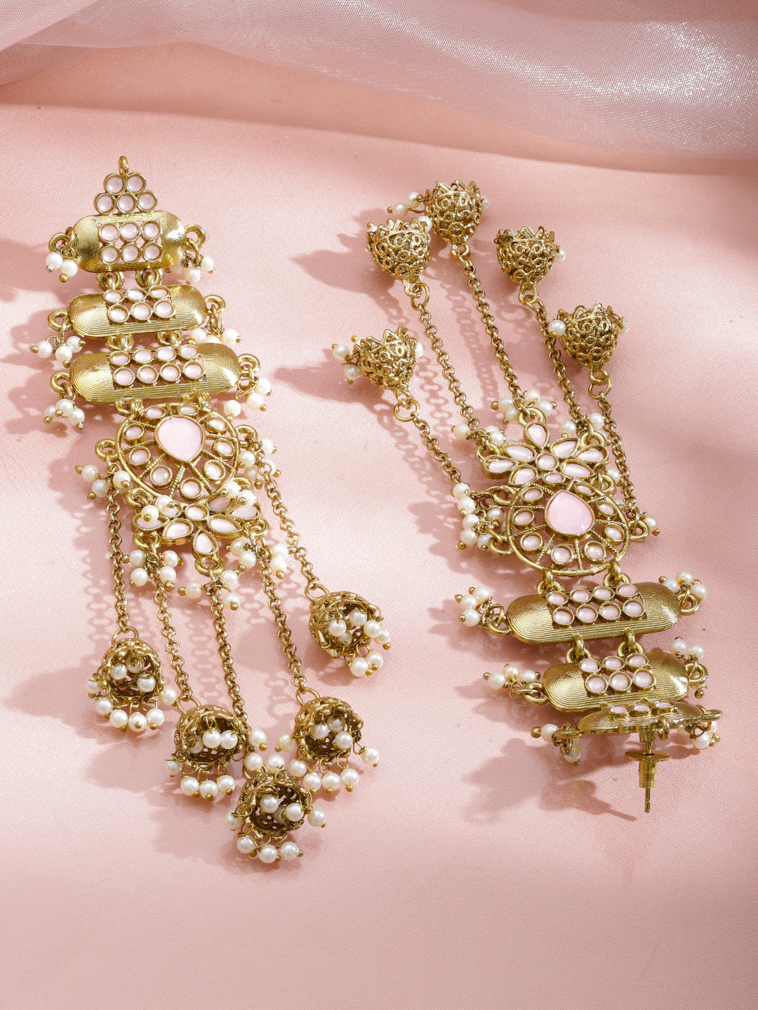 Rubans 18K Mehndi Gold-Plated Pastel Pink Stone & White Pearl Layer Shoulder Duster Jhumka フリーサイズ