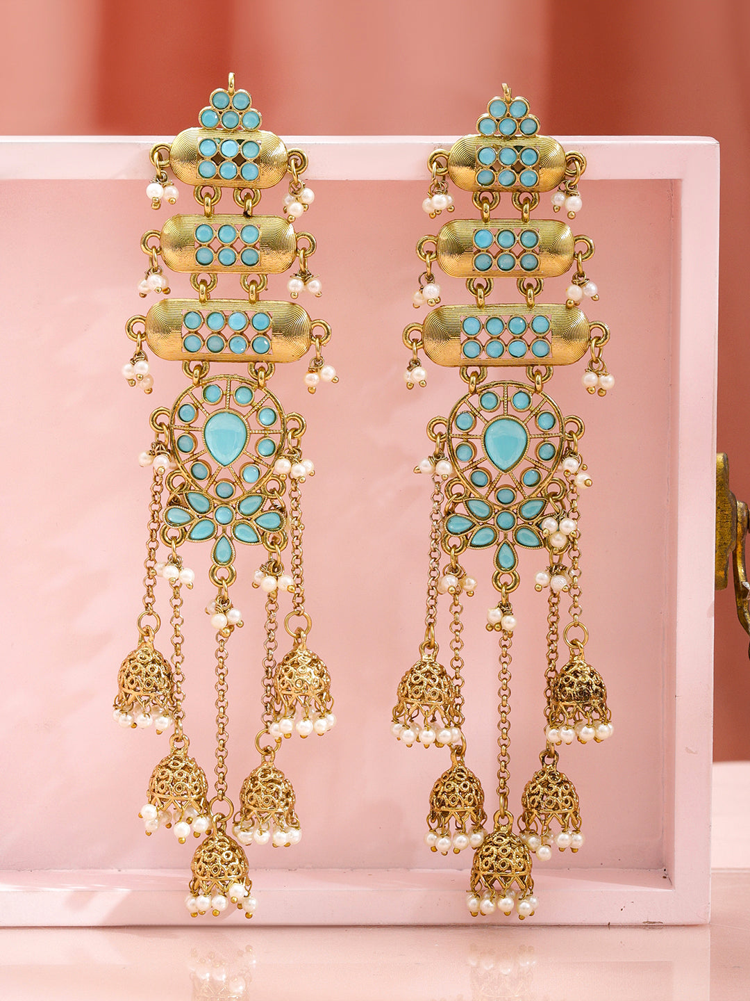 Rubans 18K Mehndi Gold-Plated Turquoise Stone & White Pearl Layered Shoulder Duster Jhumka フリーサイズ