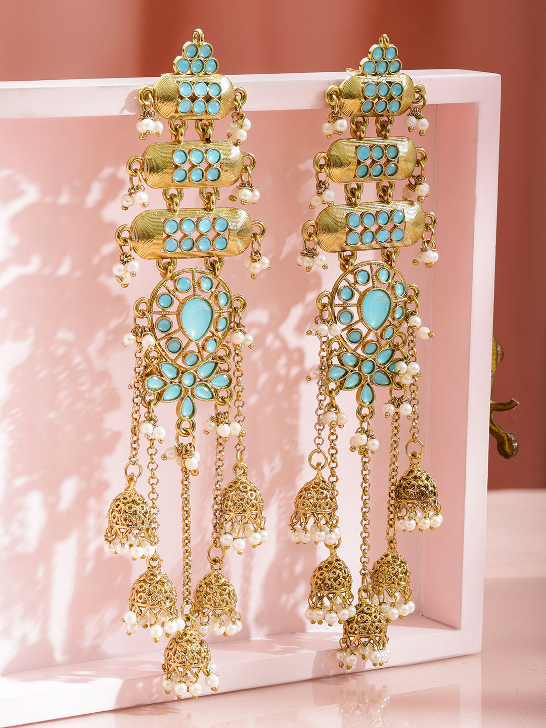 Rubans 18K Mehndi Gold-Plated Turquoise Stone & White Pearl Layered Shoulder Duster Jhumka フリーサイズ
