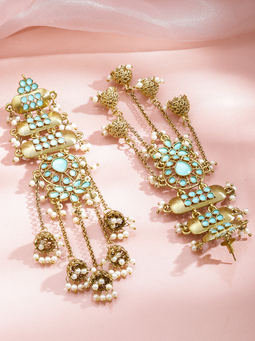 Rubans 18K Mehndi Gold-Plated Turquoise Stone & White Pearl Layered Shoulder Duster Jhumka フリーサイズ