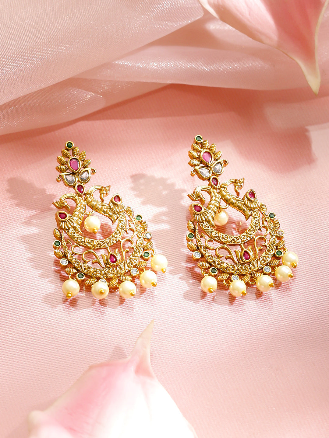 Multicolor Studded Pearl Drop Gold Dangler Earrings フリーサイズ