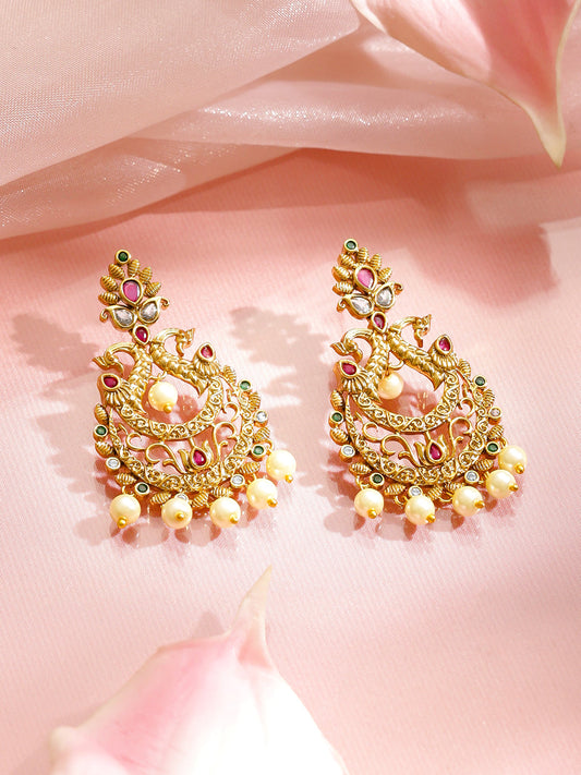 Multicolor Studded Pearl Drop Gold Dangler Earrings フリーサイズ