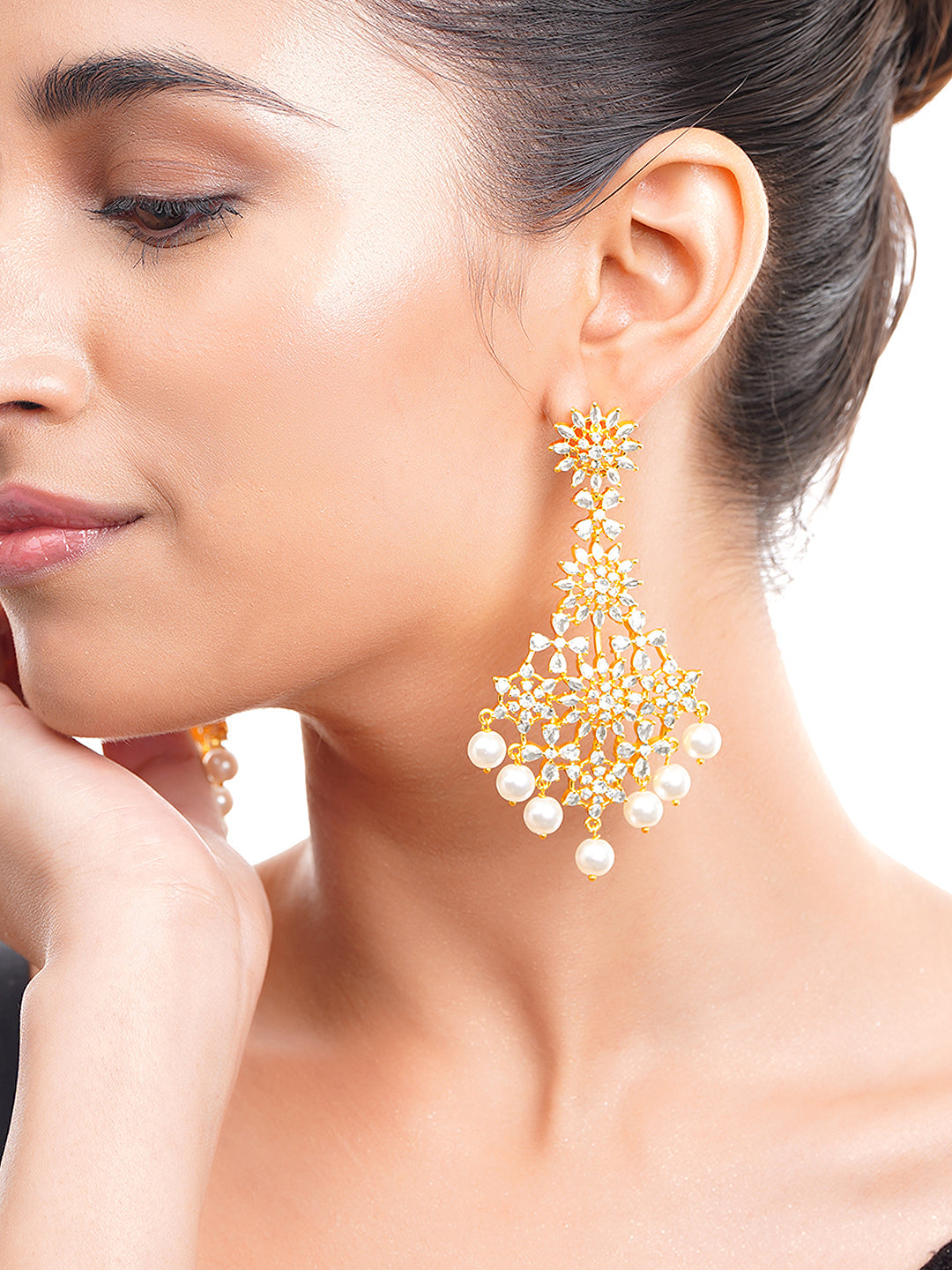 【Rubans】 Gold Plated Pearl Drop American Diamond Zirconia Dangler Earrings｜ゴールドメッキ パールドロップ アメリカンダイヤモンド ダングラーイヤリング