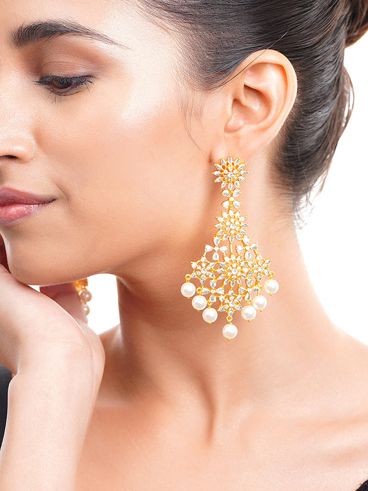 【Rubans】 Gold Plated Pearl Drop American Diamond Zirconia Dangler Earrings｜ゴールドメッキ パールドロップ アメリカンダイヤモンド ダングラーイヤリング