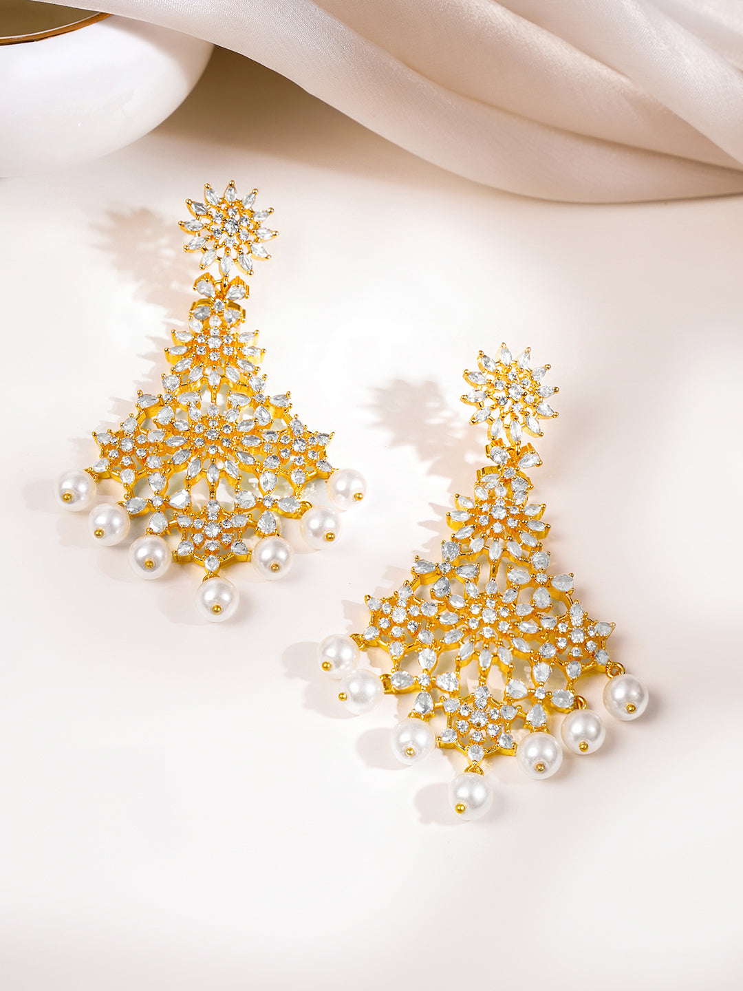 【Rubans】 Gold Plated Pearl Drop American Diamond Zirconia Dangler Earrings｜ゴールドメッキ パールドロップ アメリカンダイヤモンド ダングラーイヤリング