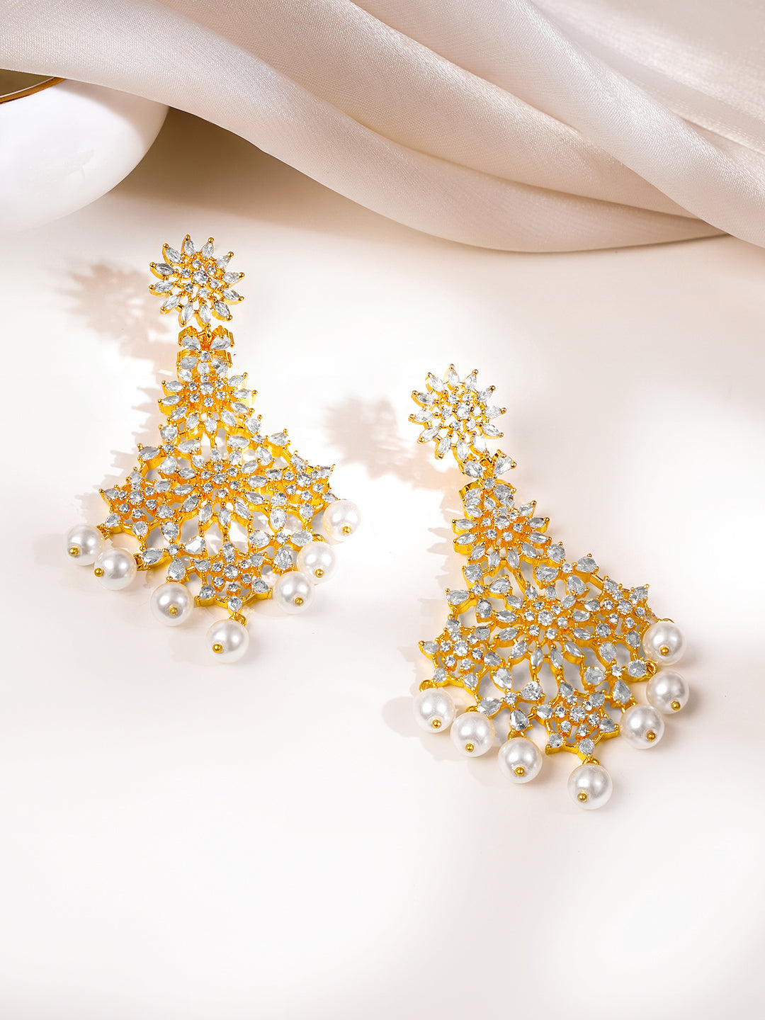 【Rubans】 Gold Plated Pearl Drop American Diamond Zirconia Dangler Earrings｜ゴールドメッキ パールドロップ アメリカンダイヤモンド ダングラーイヤリング