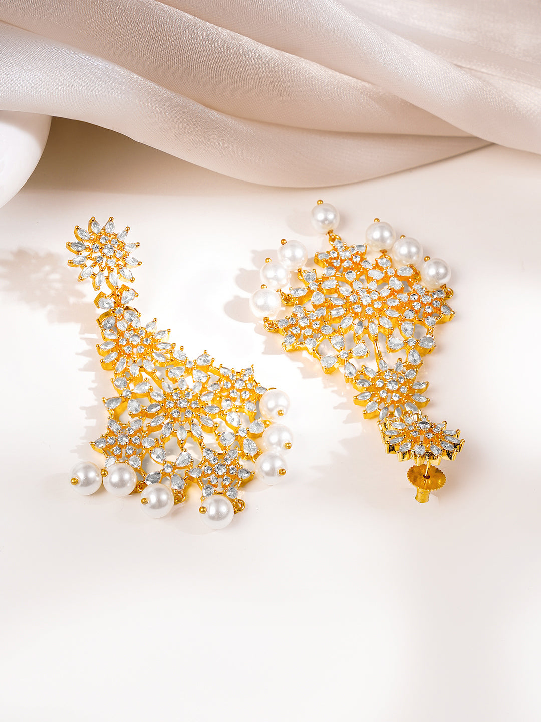 【Rubans】 Gold Plated Pearl Drop American Diamond Zirconia Dangler Earrings｜ゴールドメッキ パールドロップ アメリカンダイヤモンド ダングラーイヤリング