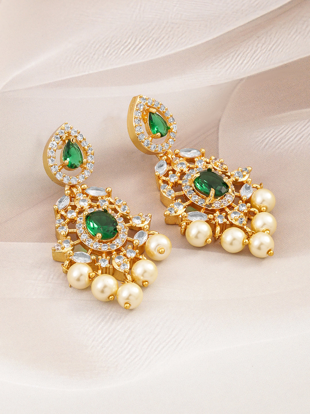 Regal Aura Green Stone & Pearl Danglers Pastel Pink