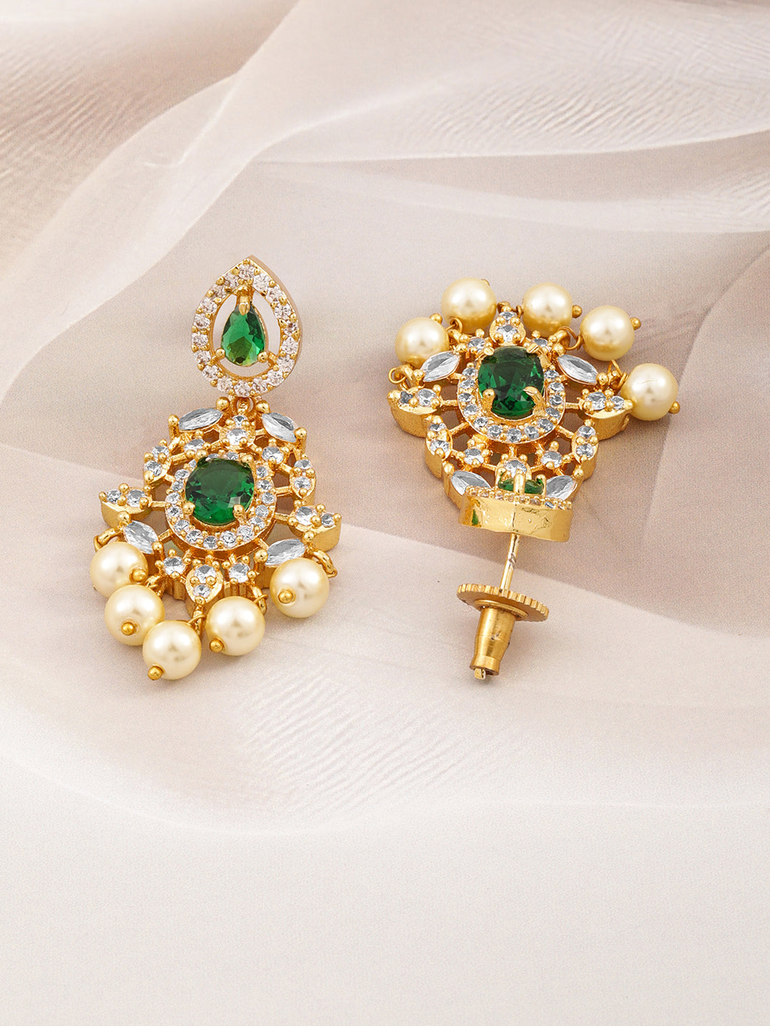 Regal Aura Green Stone & Pearl Danglers Ruby Pink