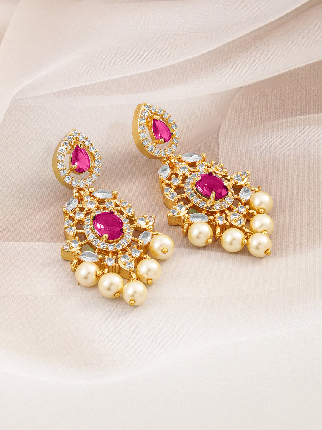 Regal Aura Green Stone & Pearl Danglers Pastel Pink