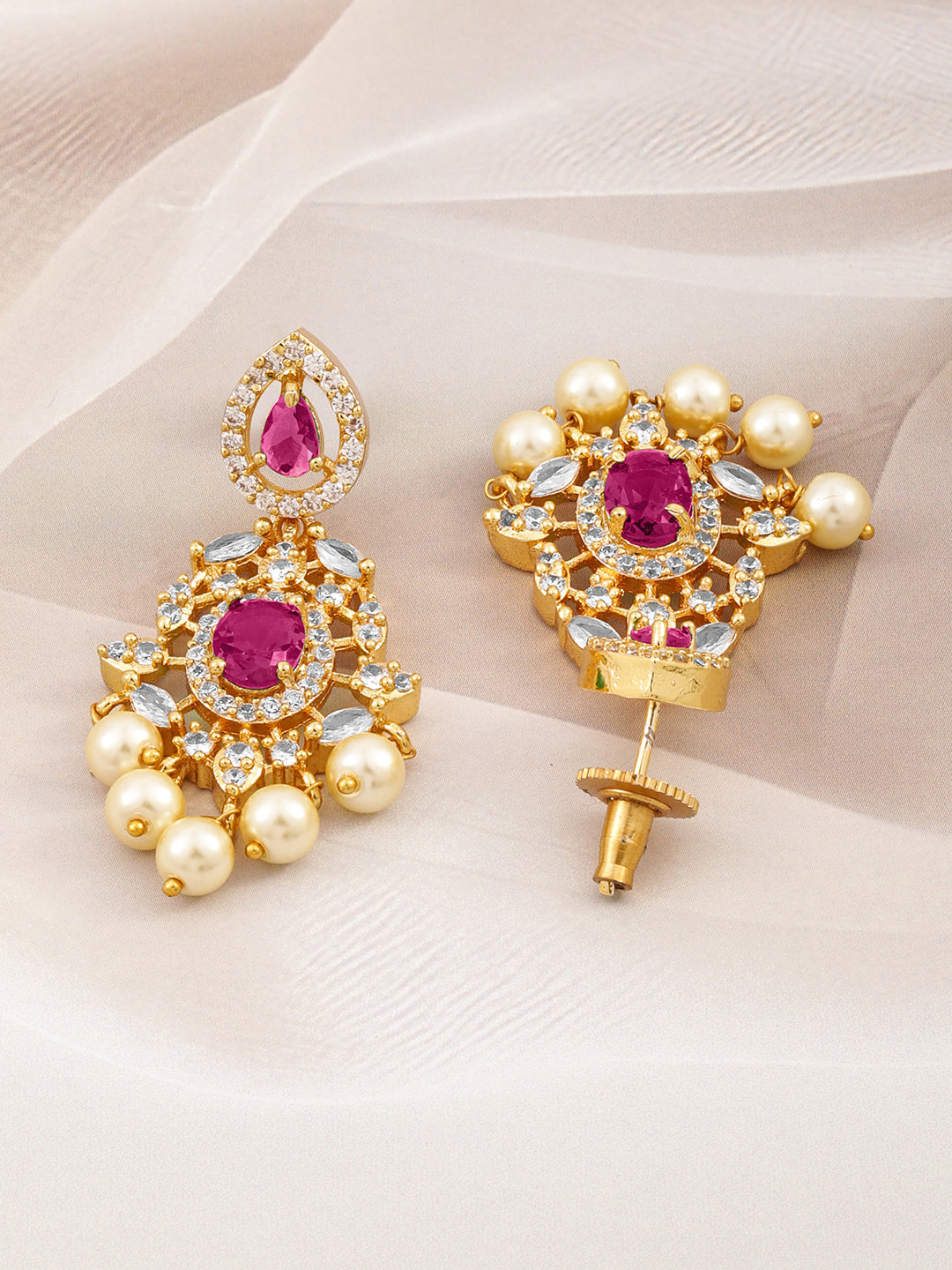 Regal Aura Green Stone & Pearl Danglers Pastel Pink