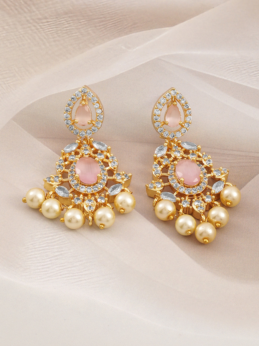 Regal Aura Green Stone & Pearl Danglers Ruby Pink
