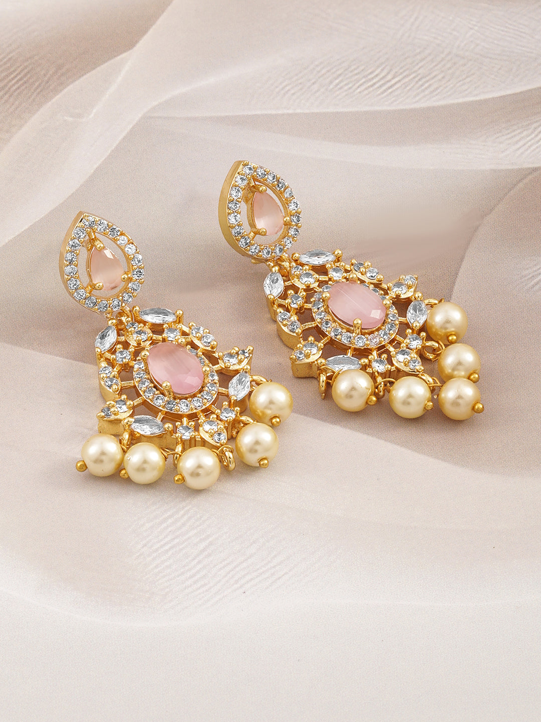 Regal Aura Green Stone & Pearl Danglers Pastel Pink