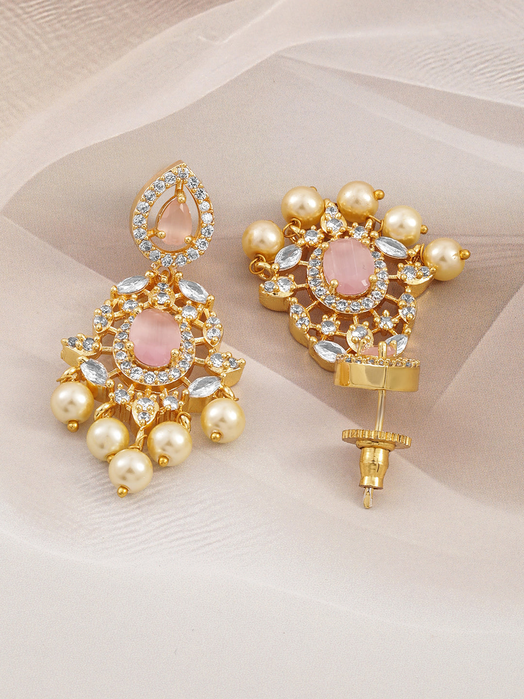 Regal Aura Green Stone & Pearl Danglers Ruby Pink