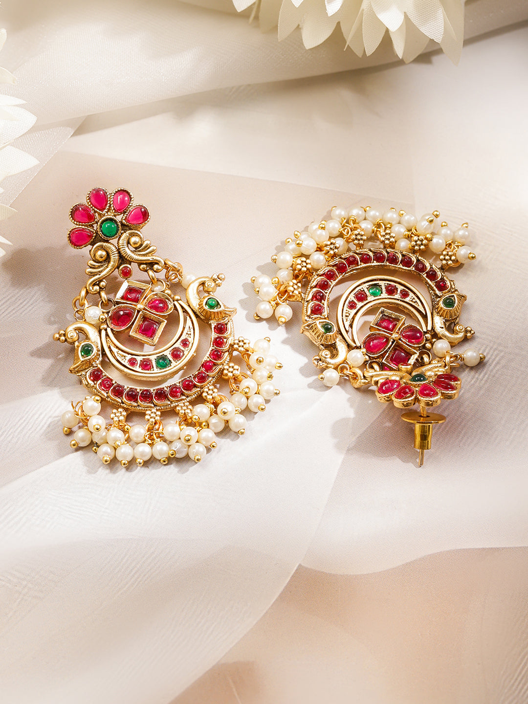 Gold Toned Pink Studded Pearl Drop Chandbalis フリーサイズ