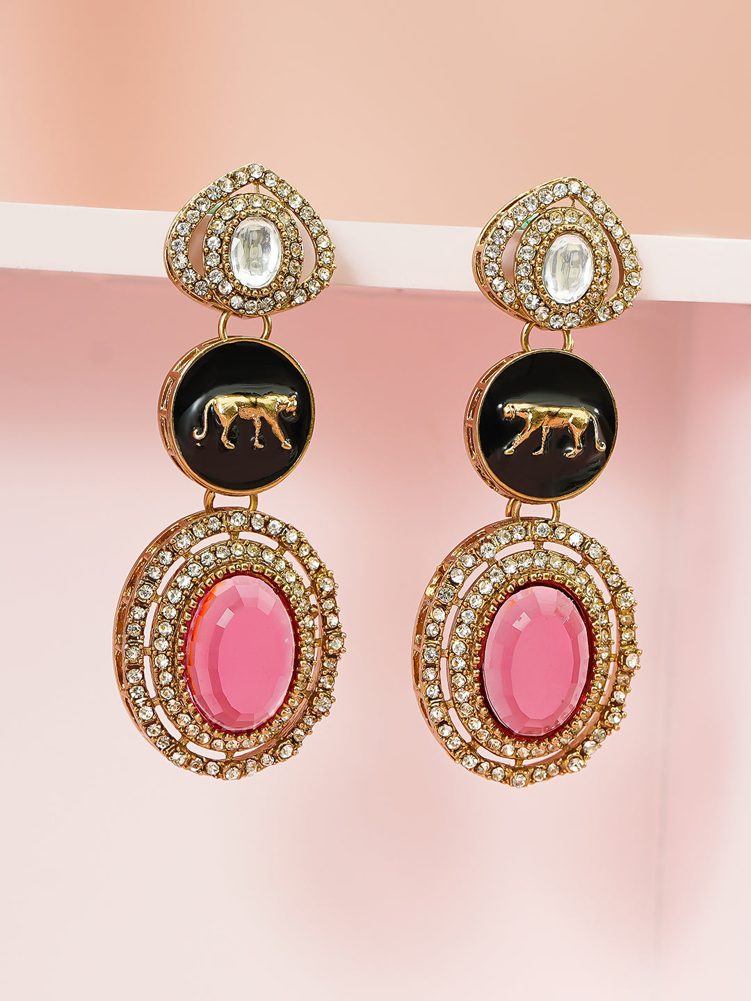 American Diamon Zirconia Black & Pink Dangler Earrings フリーサイズ